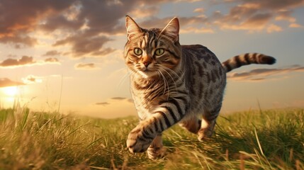 cat, Celtic Shorthair running on a grass