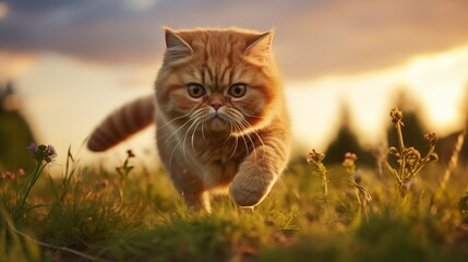 cat, Exotic Shorthair running on a grass