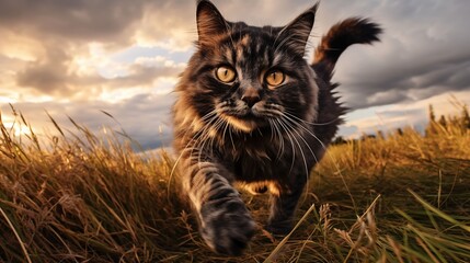 cat, German Rex running on a grass