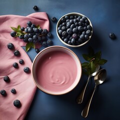  a bowl of yogurt, a bowl of blueberries and a bowl of blueberries on a pink cloth.