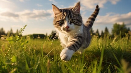 cat, Russian White Black Tabby running on a grass
