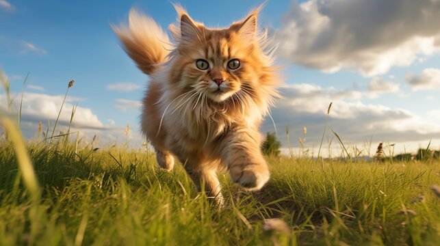cat, Pixiebob Longhair running on a grass
