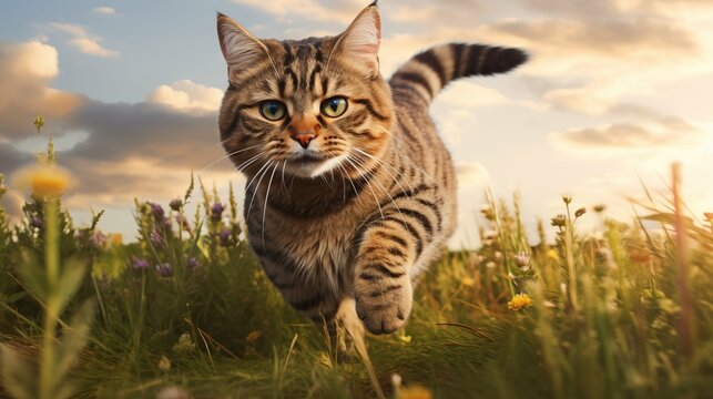 cat, Pixie-bob running on a grass