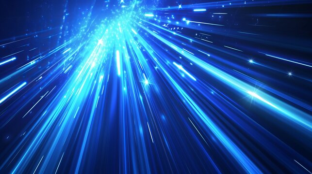 Vector illustration. Digital picture of speed and motion blur, blue luminous stripes, and light beams on a dark blue background