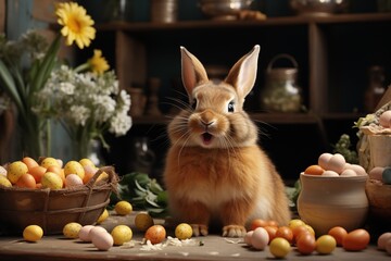 Obraz premium Curious Bunny Surrounded by Colorful Easter Eggs in a Rustic Kitchen Setting