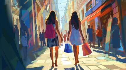 Vector illustration. Cartoon animation. Ladies strolling around the city and shopping - obrazy, fototapety, plakaty