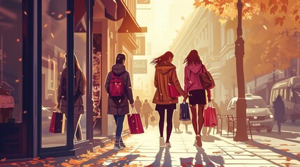 Vector illustration. Cartoon animation. Ladies strolling around the city and shopping - obrazy, fototapety, plakaty