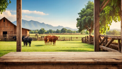Empty wooden table for product display with cattle farm background