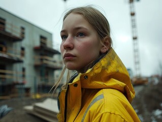 a girl in a yellow rain coat