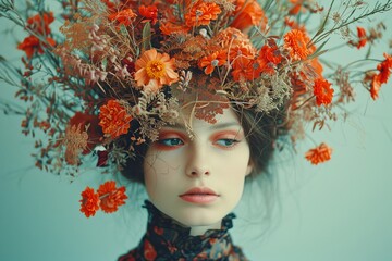 Woman With Vibrant Floral Arrangement on Her Head