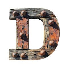 a wooden letter with rusty metal rivets