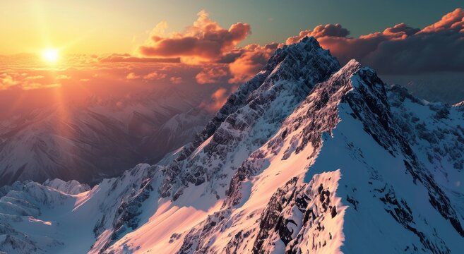 a snowy mountain tops with clouds and a sunset
