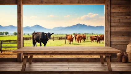 Fotobehang Empty wooden table for product display with cattle farm background © adynue