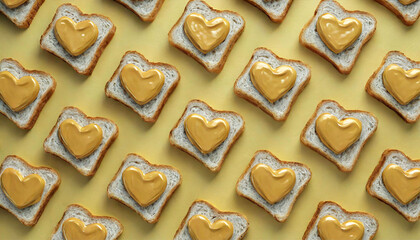 Fototapeta na wymiar Geometrical pattern of toast with heart-shaped peanut butter, top view, illustration