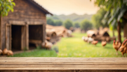 Empty wooden table for product display with blurry chicken farm background - obrazy, fototapety, plakaty