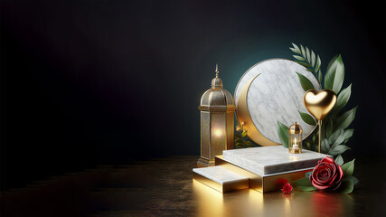 ramadan marble podium with arabic lantern and red roses, gold heart, ai generated