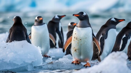 a group of penguins standing on ice
