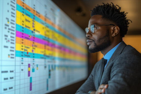 Un homme s&eacute;rieux regarde les prochains jalons sur le diagramme de Gantt projet&eacute; &agrave; l'&eacute;cran, chef de projet et planning