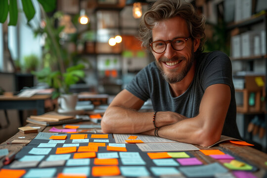 Collaborateur souriant en train de participer &agrave; une session de brainstorming o&ugrave; chacun colle des post-its pour trouver de nouvelles id&eacute;es, phosphorer ensemble et innover en entreprise