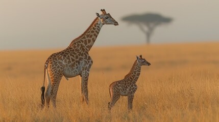 Obraz premium a baby giraffe standing next to an adult giraffe in a dry grass field with a tree in the background.
