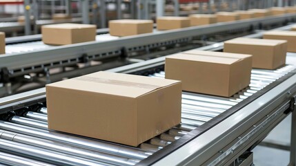 Close up of multiple cardboard box packages moving along a conveyor belt in a busy warehouse