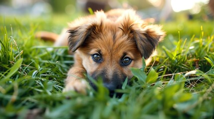 a dog lying in the grass