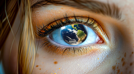 Close-Up Of A Human Eye With The Earth Reflected Its Iris, Symbolizing Vision And Global Awareness.