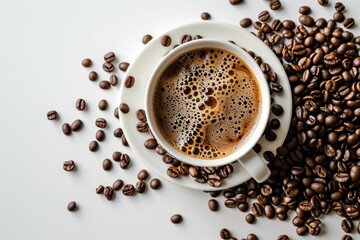 Naklejka premium a cup of coffee with coffee beans around it