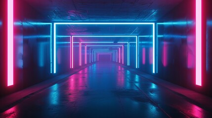 a lengthy, dim hallway with neon illumination and a wet concrete floor