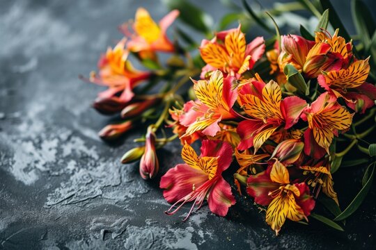 a bouquet of flowers on a black surface