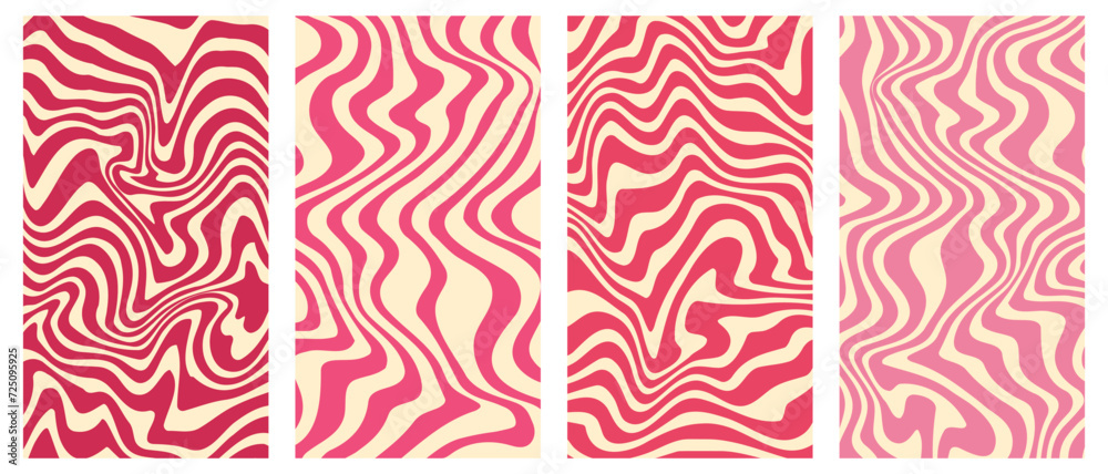 Wall mural vector set of groovy wavy vertical posters.twisted and distorted backgrounds in trendy 70s retro psy