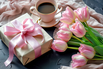 Obraz na płótnie Canvas Morning Coffee, Gift and Fresh Tulips Still Life