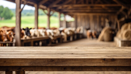 Empty wooden table for product display with cattle farm background