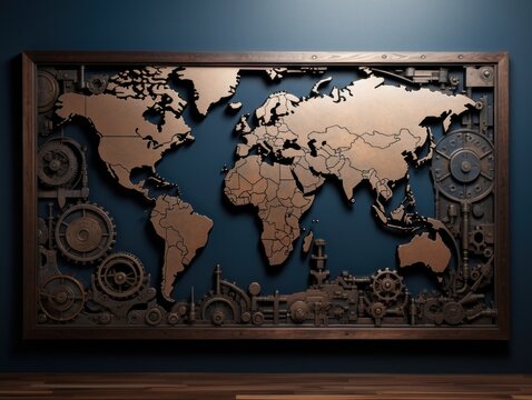 a map of the world with gears and cogs