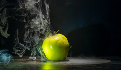 Green apple in smoke, apple in gray smoke. The concept of Halloween.
