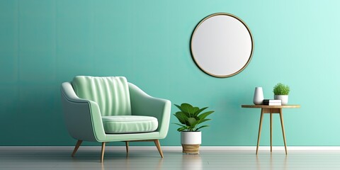 Green armchair, blue wall, round mirror in living room with white wall's copy space.