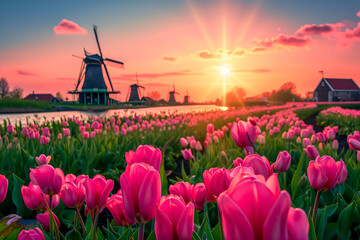 Sunset Over Tulip Field with Windmills
