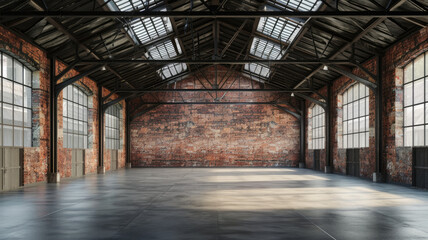 Industrial loft style empty old warehouse interior, brick wall, concrete floor and black steel roof structure - obrazy, fototapety, plakaty