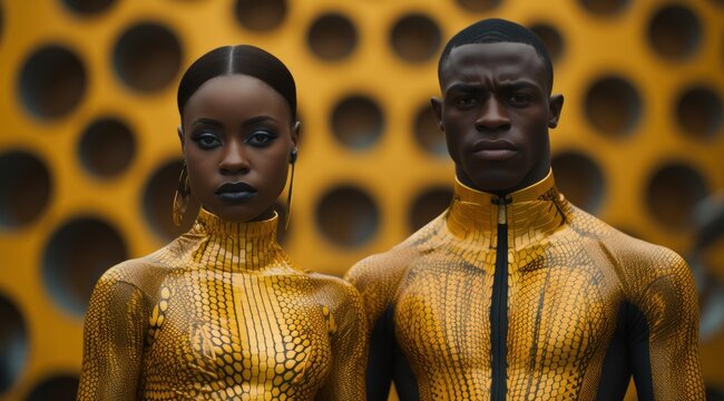 a man and woman in yellow leotards