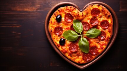 a heart shaped pizza with pepperoni and olives