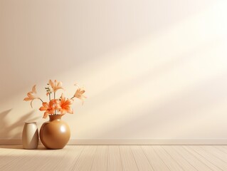 a vase with orange flowers on a wooden floor - Powered by Adobe