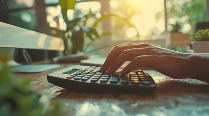 Foto op Plexiglas Man doing intense control of financial accounts making calculations with a calculator at the desk © xelilinatiq