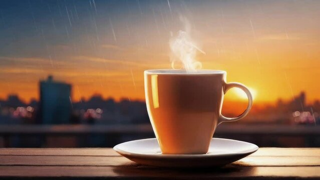 one Cup of hot coffee or tea on the table at sunset with rain. with an urban background. Loop animation
