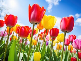 a group of tulips in a field