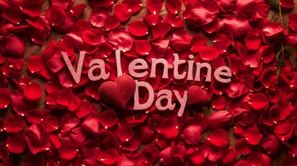 Background picture of  "Valentine Day" and red rose petals and red heart on it