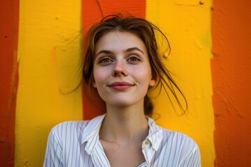 a woman smiling in front of a yellow wall