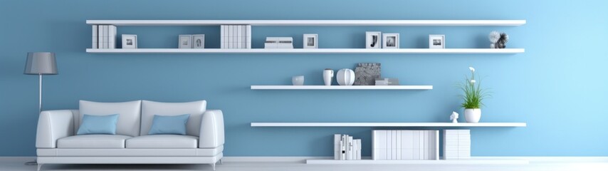 a white shelves on a blue wall