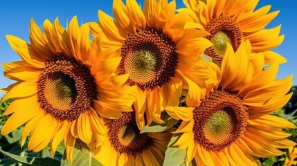 a group of sunflowers with blue sky
