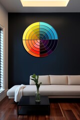 a room with a couch and a colorful circle on the wall