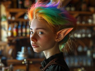 a girl with rainbow hair and earring